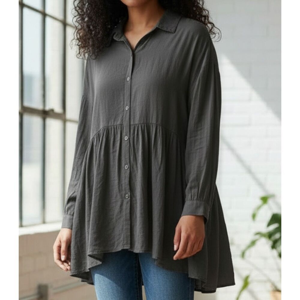 White Birch Tunic Top Size M 100% Tencel Gray Button Front Ruffle Hi Low Flowy